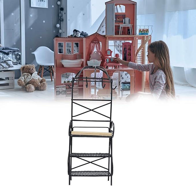1:12 Miniature Storage Display, Miniature Furniture Wooden Storage Rack Mini Doll Bread Rack Dollhouse Kitchen Furniture Accessories (Black)