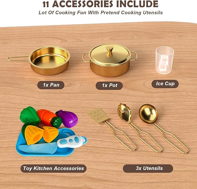 JOYDIAS Kids Play Kitchen Set, Pretend Wooden Kid Kitchen Playset Toy Kitchen w/Sound and Light, Oven, Washing Machine, Toy Coffee Station and Toddler Kitchen Accessories for Kids Age 3+