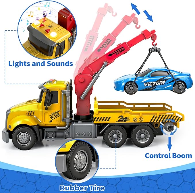 Large Tow Truck Toy, Kids Toys for 3 4 5 6 7 8 Years Old Boys Toddlers Birthday Easter Gifts, Friction Powered Transport Crane Toy with Lights and Sounds, 2Pcs Racing Car, Traffic Signs