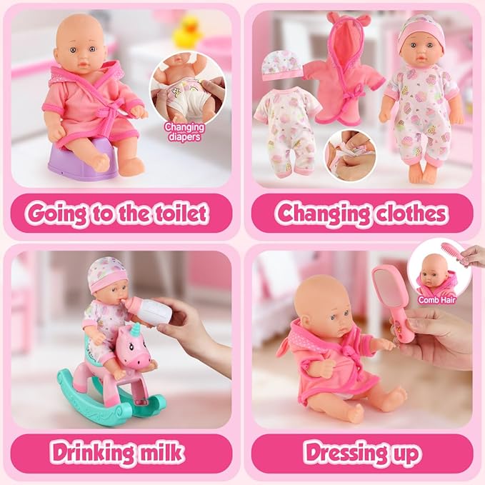 Baby Doll Bath Toys Set with Bathtub, 11" Baby Dolls, Rocking Chair,Swimming Ring, 2 Sets Baby Dolls Clothes and 15 PCS Doll Accessories.Perfect Pretend Play Toddler Toy Gift for Girls Aged 3 4 5 6.
