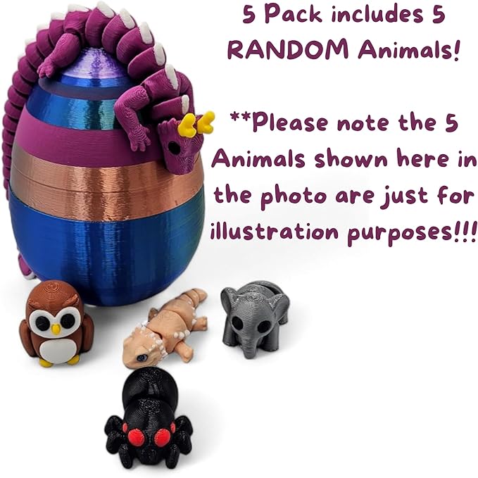 5 Pack Mystery Mini Animal Packs - 3D Printed Articulating Figurines - Unique and Fun Designs Includes Mystery Egg - Stress Relief (5 Pack)