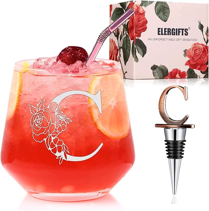 Personalized Gifts for Women, Monogrammed A-Z Wine Glass Customized Gift, Unique Wedding Birthday Gifts for Women Her Mom Friend Sister Wife Daughter Nurse - Dishwasher Safe (C)