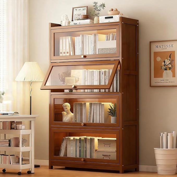Display Cabinet with Acrylic Glass Doors, Tall Storage Cabinet with Adjustable Shelves, 4 Tier Curio Cabinet&Bookcase for Collectibles, Toys, Books, for Kids Playroom, Bedroom, Study Room