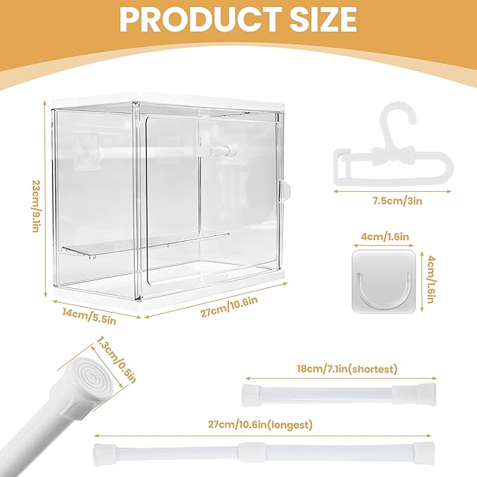 Clear Display Case Compatible with Labubu 15/17cm Doll Clothes & Accessories, Includes 10 Hangers, 1 Rod & 2 Supports, Stackable Doll Wardrobe Acrylic Organizer Shelf