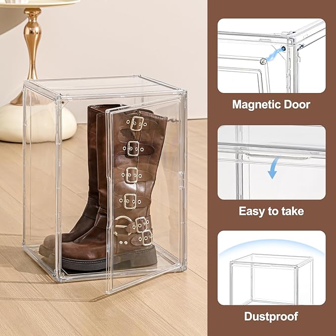 2 Pack XXX-Large Clear Display Case 17.7" x 13" x 13" Extra Large Display Organizer Box with Magnetic Door, Stackable Acrylic Storage Bin for Boots, Shoes, Collectibles, Bags, Figures