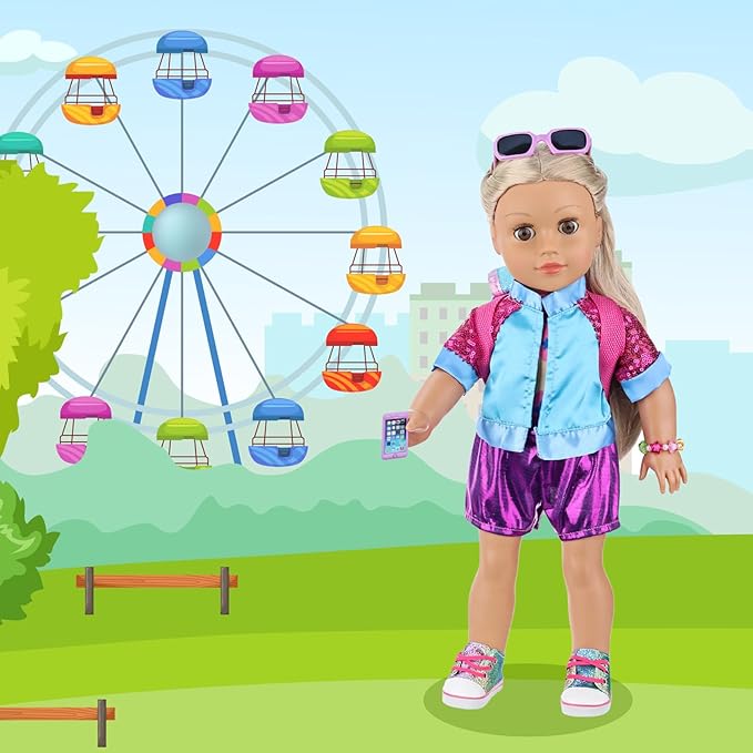 American 18 Inch Doll Clothes Set & Accessories Kit - 3-Piece Outfits with Shoes, Gradient Backpack, Hair Clip, Bracelet, Sunglasses, Toy Tablet & Phone for Kids