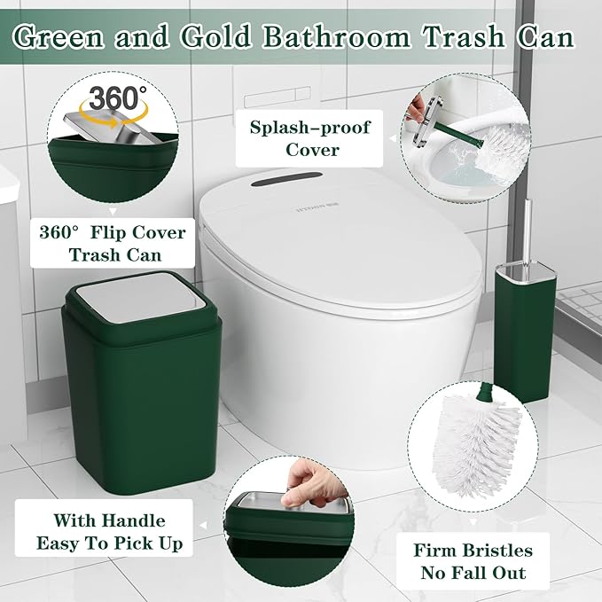 XLHOMO Dark Green Bathroom Accessories Set, Green Bathroom Set with Trash Can, Toothbrush Holder, Toothbrush Cup, Soap Dispenser, Soap Dish, Toilet Brush Holder, 2 Qtip Holder Dispensers and Tray