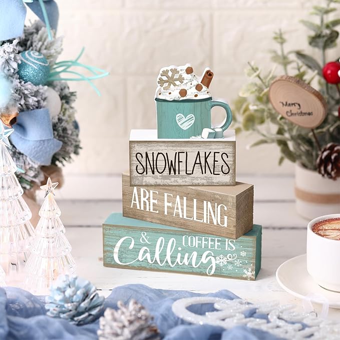 Moucuny 4 Pcs Winter Table Decor Wooden Milk Cocoa Decoration Winter Tiered Tray Centerpiece Decorative Blue Hot Cocoa Block Signs Gift Farmhouse Decoration for Home Kitchen