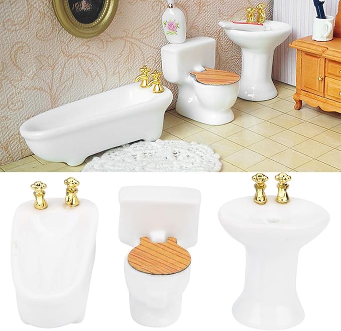 SPYMINNPOO Dollhouse Bathtub,1/24 Bathroom Dollhouse Furniture Dollhouse Miniature Bathroom Set Simulation Ceramic Bathtub Toilet Sink Kit(#1)