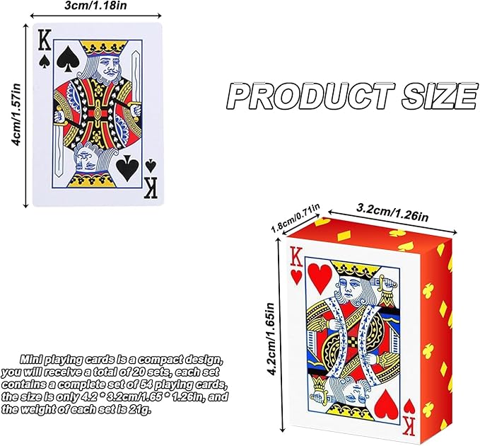 Mini Playing Cards 20 Pack, 1.65" Mini Deck of Cards, Miniature Playing Cards with Great Novelty Gift, Party Favor for Boys and Girls.