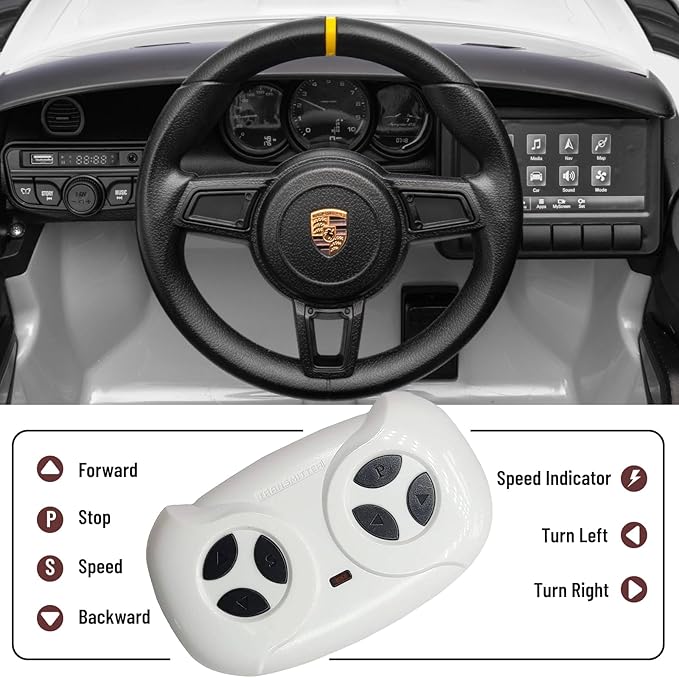 12V Ride on Car Licensed Porsche 718, Kids Electric Car with Remote Control, Front/Rear LED Light, Radio, USB/AUX, Openable Doors, Suspension Function, Durable Tires (White)