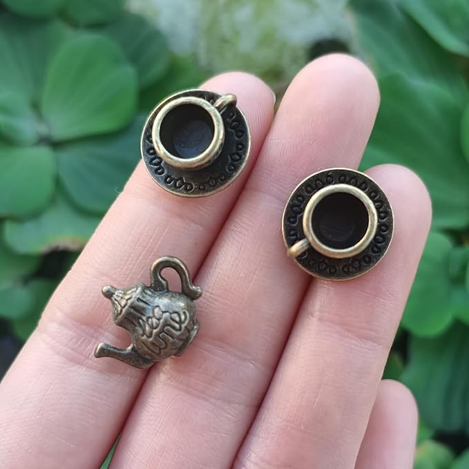 3 Pcs Miniature Tea Cup Set 1:12 Dollhouse Vintage Metal Teapot Coffee Shop Kitchen Accessories Decor, Mini Cups and Teapot(Copper)