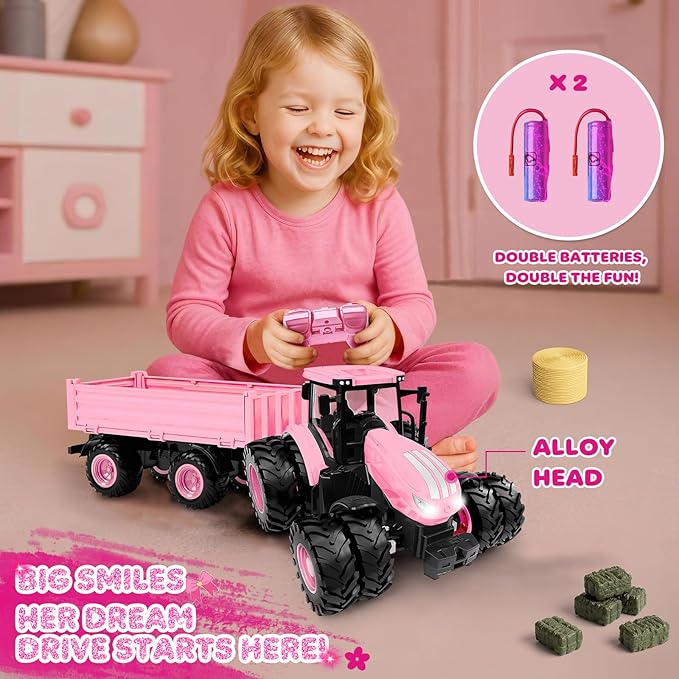 Remote Control Tractor Toy [2026] Kids RC Tractor Set & Truck and Trailer Front Loader - Metal Car Head/8 Wheel/Light, Toddlers Farm Vehicle Toys for 3 4 5 6 7 8 9 Year Old Girls Birthday Gift, Pink