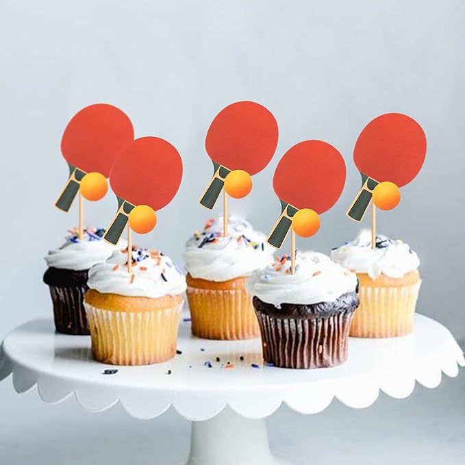 Ercadio 24 Pack Double Sided Table Tennis Cupcake Toppers Table Tennis Cupcake Picks Table Tennis Birthday Cake Decorations Baby Shower Table Tennis Sports Theme Party Cake Decorations, Red-2