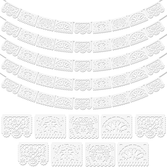 5 Pack White Papel Picado Banner, 90Ft White Mexican Banner for Parties Weddings, Papel Picado Dia De Los Muertos, Cinco De Mayo Decor, Day of The Dead Decorations, Fiesta Party Decoration Supplies