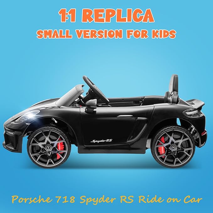 ENYOPRO Licensed Porsche 718 Spyder RS Ride-On Electric Car for Kids with Remote Control, 12v Ride On Toys for Toddlers, Electric Power Vehicle w/Trailer Wheels, Bluetooth/USB/AUX, LED Lights, Black