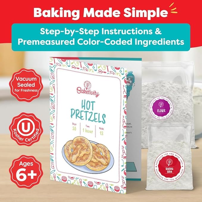 Baketivity Kids Baking Set, Meal Cooking Party Supply Kit for Teens, Real Fun Little Junior Chef Essential Kitchen Lessons, Includes Pre-Measured Ingredients (Kit +Hat & Apron, Pretzel)