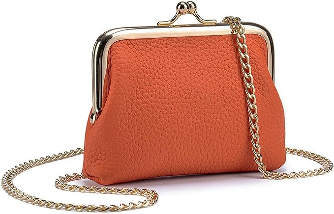Cute Small Coin Purse & Credit Card Holder for Women Fashion Crossbody Chain Wallet Leather Coin Pouch Change Purse for Cash Key (Orange)