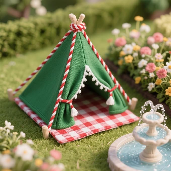 1:12 Dollhouse Camping Bed Tent, Mini Green Cloth Tent with Carpet, Miniature Outdoor Furniture Accessories for Bedroom,Patio and Garden for Teens & Adults