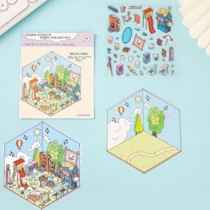 DIY 3D Sticker Scenes Kit - 5 Sets Creative Mini Shop, Cafe & Animal Themes | Make Your Own Cute Cartoon Stickers for Teens, Adults & Kids | Stress Relief Craft Activity for Home Decor & Relaxation