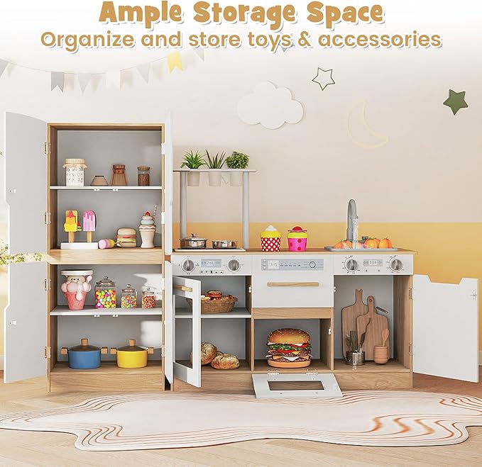 INFANS Kids Kitchen Playset, 2 in 1 Wooden Pretend Play Kitchen with Running Water Fridge Realistic Sounds Lights, Toddler Cooking Toys Gift for Boys Girls