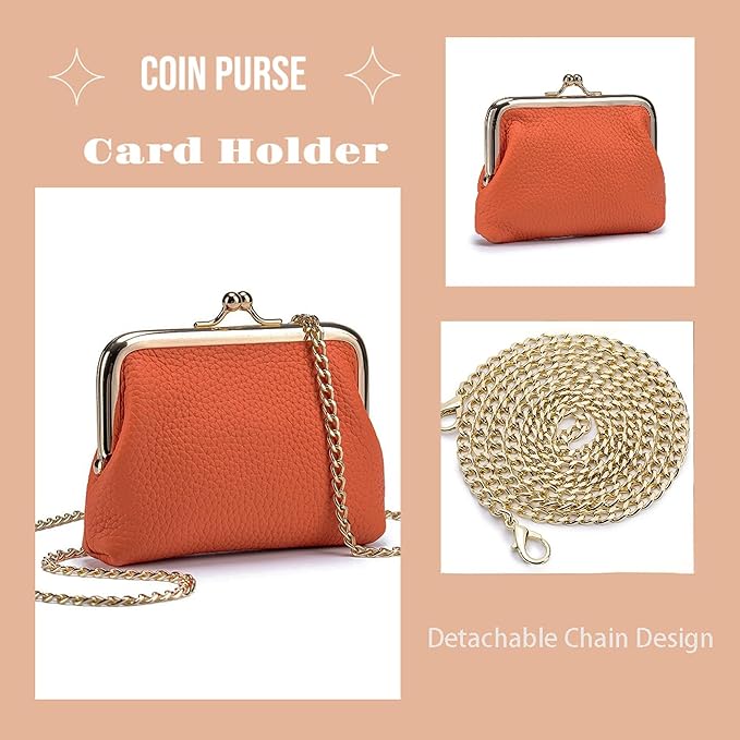 Cute Small Coin Purse & Credit Card Holder for Women Fashion Crossbody Chain Wallet Leather Coin Pouch Change Purse for Cash Key (Orange)
