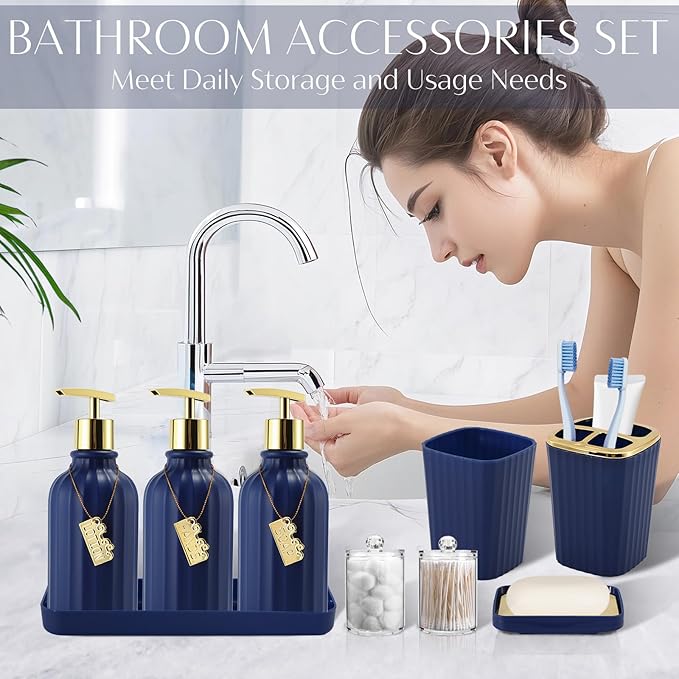 WSBArt 17PCS Bathroom Accessory Set Bathroom Set Navy Blue Bathroom Accessories,Toilet Brush, Trash Can, Qtip Holder Dispenser& 3PCS Soap Dispenser