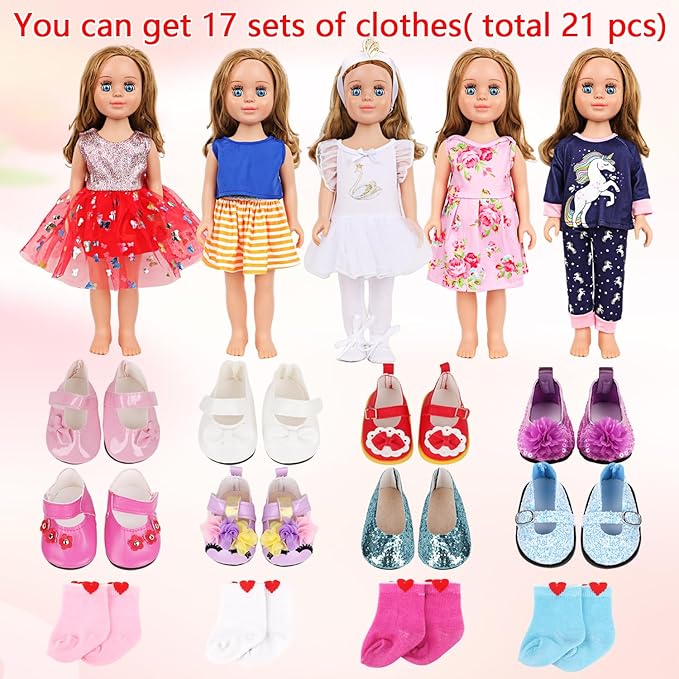 MSYO 18 Inch Doll Clothes & Accessories Bundle-19-Piece Fashion Doll Outfit Set with 5 Clothes,2 Shoes (8 Style Options) & 2 Socks,Girl Doll Accessories Gift for Kids, Role Play & Dress-Up