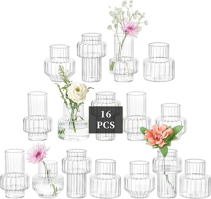 Glasseam Glass Bud Vases for Centerpieces: 16Pcs Small Clear Vase for Flowers Bulk Wedding Table Centerpieces - Modern Mini Decorations for Cute Vintage Home Living Room Decor