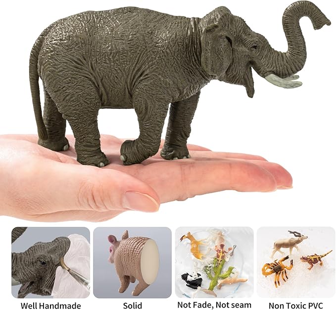 4PCS Safari Elephant Animals Figurines Toys, Plastic Zoo Animals Toys for Kids Includes African & Asian Elephant and Cubs, Birthday Gift Party Favors Cake Toppers for Boys Girls