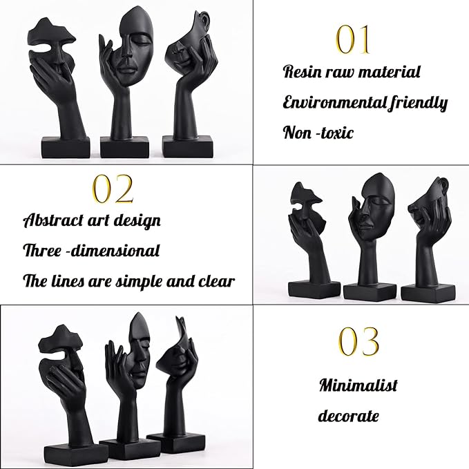 oliruim 3 Pcs Thinker Small Statue Set - Black Art Abstract Home Accent Figurines for Decor Bedroom, Shelves, Living Room Coffee Table, Office Desktop (3 Pcs Black, 6")