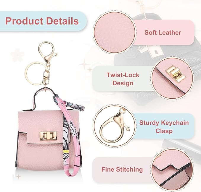 PATIKIL Mini Backpack Keychain, Cute Coin Purse Keychain PU Leather Backpack Purse Key Chain Little Earbud Bag Keychains for Women Mini Card Data Cable Organizer, Pink