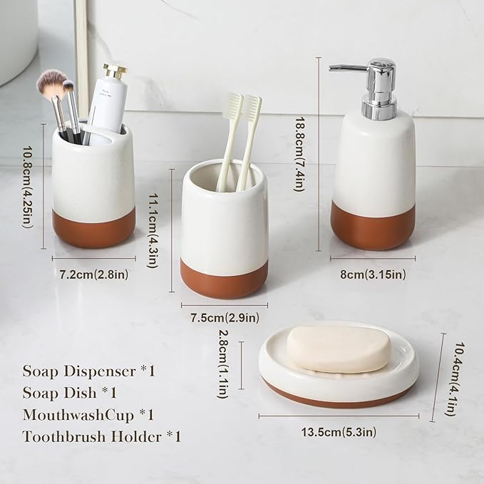 MALACASA Ceramic Bathroom Accessories Sets, 4 PCS,Soap Dispenser, Toothbrush Holder, Toothbrush Cup and Soap Dish, Durable Bathroom Sink Set for Modern Home Decor,Gift Set, Khaki White