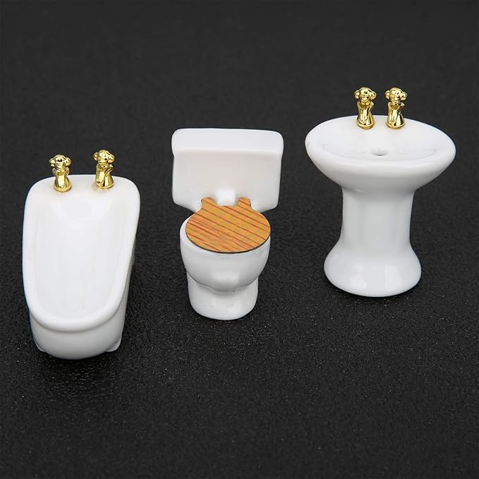 Dollhouse Miniature Bathroom Set, Miniature Furniture Toys Ceramic 1/24 Scale, Porcelain Bathtub, Toilet, Sink, White