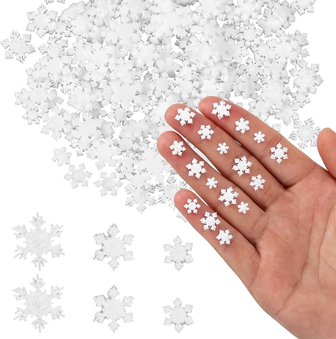 210pcs Mini Resin Snowflakes, 3 Sizes Glitter Winter Miniature Resin Snowflakes Tiny Ornaments for DIY Home Christmas Tree Micro Landscape Small Decor & Party Supplies (White)
