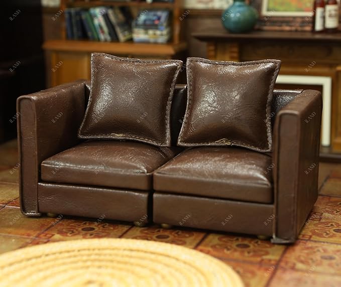 iLAND Dollhouse Furniture Miniature Sectional Couch Set for Doll House Décor Fit 1/12 Scale Accessories, Modern Brown Faux Leather Sofa Timeless & Classic