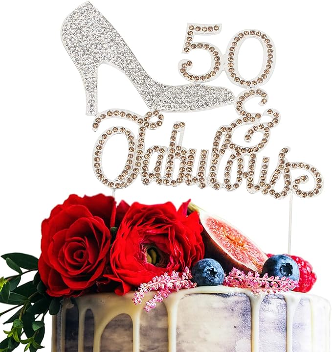 LINGTEER 50 Fabulous Silver High Heel Rhinestone Crystal Cake Topper Perfect for 50th Birthday Anniversary Party Keepsake Sparkle Decoration