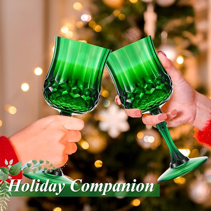 Pinkunn 12 Pcs 7 oz Plastic Vintage Wine Glasses Reusable Colored Goblets Patterned Drinking Water Glasses Cup Dishwasher Safe for Valentine's Day Wedding Reception Party Supplies (Green)