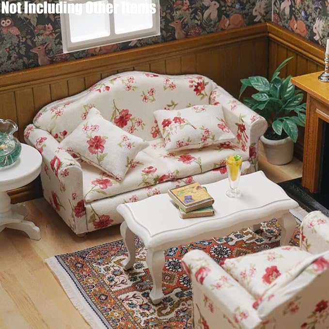 Odoria Dollhouse Couch Loveseat Miniature - 1/12 Scale Upholstered Sofa for Vintage Country Living Room - Mini Settee Chaise Lounge Wood Furniture Floral Red