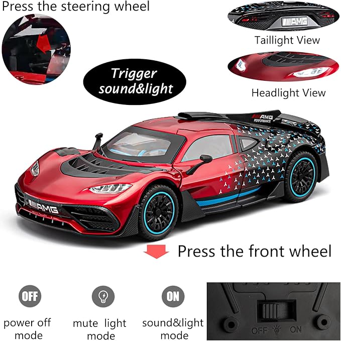 Toy Car Model 1/24 Red AMG ONE Alloy Collectible Vehicle Pull Back Die-Cast with Lights and Sound