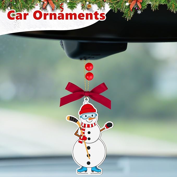 4.3 Inches Snowman Ice Hockey Christmas Ornament,Wooden Ice Hockey Snowman Tree Ornament Hanging Decoration for Rearview Mirror, Window, Eaves, Fireplace and Home Holiday Party Decor
