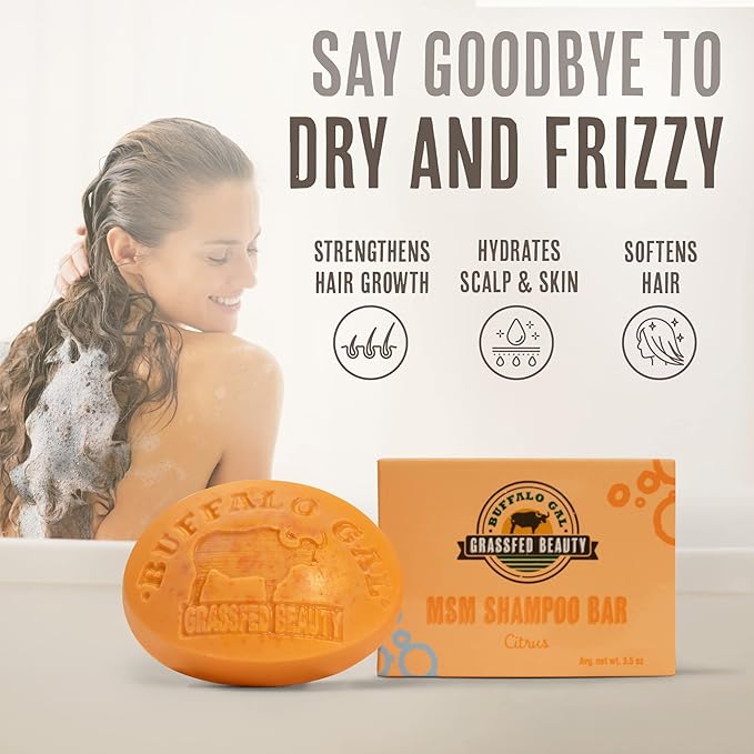 BUFFALO GAL MSM + Tallow Shampoo Bar – Hair Growth Solid Shampoo for Soft, Healthy Hair – pH Balanced, Sulfate-Free, Silicone-Free, Plastic-Free – Natural Essential Oil Scent