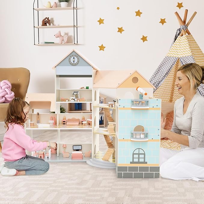 Costzon Wooden Dollhouse for Kids, DIY Pretend Dollhouse Playset w/ 41 Pieces of Furniture & Accessories, 7 Rooms, Balcony Patio & Garage, Corner 3-Story Luxury Doll House, Gift for Kids 3+ Years