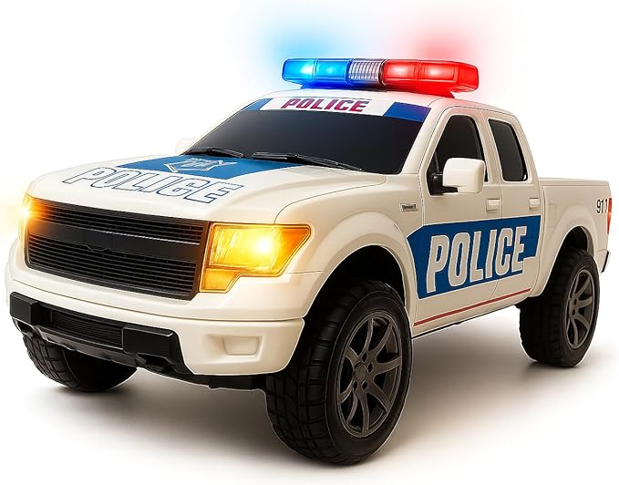 ArtCreativity Police Car Toy, Pickup Truck Toy with LED Headlights and Sirens, Friction Powered, 1:20 Scale Police Car Toys for Boys 3-5, Police Toys Monster Trucks, Toy Trucks for Kids Birthday Gift