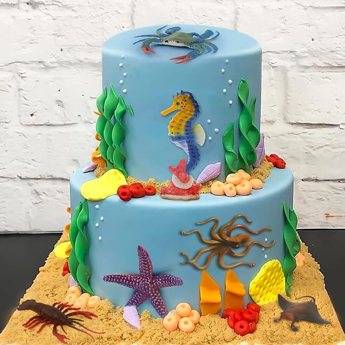 10Pcs Ocean Animals Toys Figures, Large Plastic Sea Creature Figurines Seahorse Starfish Crab Lobster Octopus Devilfish Rays Shark for Kids Educational Birthday Party Favors Cake Decoration Bath Toy