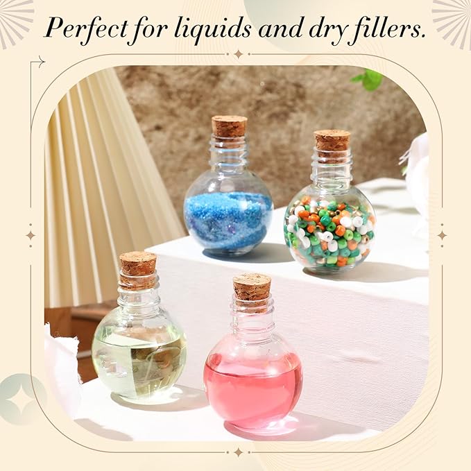 Bokon 25 Pack 1oz Plastic Mini Potion Bottles with Corks Spherical Small Sand Art jar Tiny Clear Ball Shape Liquor Bottles Bulk Wishing Vial for Birthday Halloween Party Favor DIY Crafts Gift
