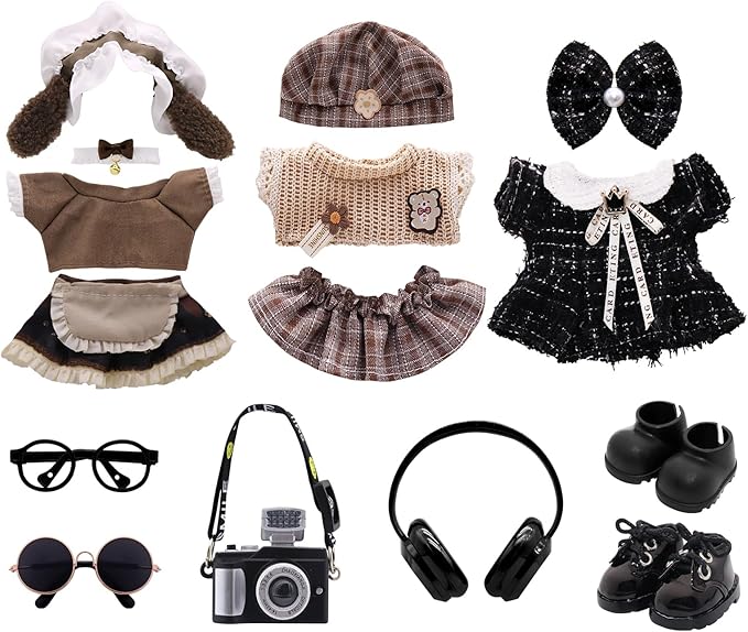Clothes for Labubu, 9-Piece Clothes and Accessories Set Designed for Labubu Doll Clothes, Includes Glasses, Goggles, Boots, Leather Shoes, Headphones, Camera, and Accessories for Labubu - Style C