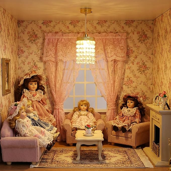TOYANDONA Dollhouse Chandelier - 1/12 Scale Hanging Beaded Chandelier Doll House Ceiling Lights Lamp Miniature Dollhouse Lights Led Battery Operated for Doll House Decoration Accessories