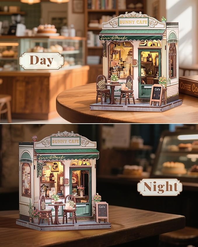 CUTEBEE Book Nook Kit - DIY Miniature House Dollhouse Kit for Adult and Teens, Booknook Bookshelf Decor Alley Model Build with LED Light, Gifts for Family and Friends (Sunny Cafe)