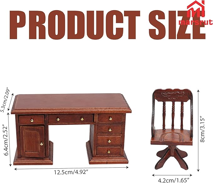 1/12 Scale Wooden Dollhouse Desk and Chair Set, Miniature Office Furniture, Computer Table Accessory, Retro Writing Simulation Pretend Play Doll House Accessories for Photo Props Classroom Scene